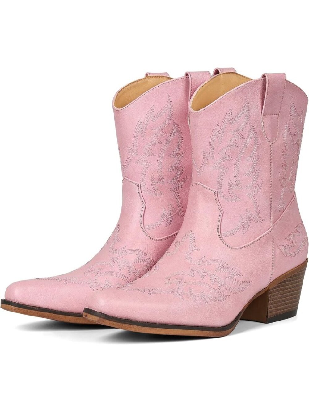 Women's Pink Pointed Toe Western Faux Leather Chunky Cowgirl Ankle Booties
